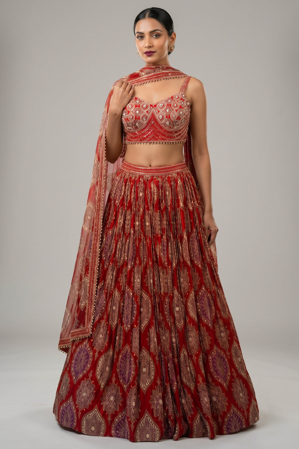 Maroon Crepe Silk Printed Cutdana and Sequin Worked Lehenga