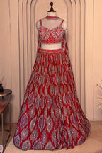 Maroon Crepe Silk Printed Cutdana and Sequin Worked Lehenga