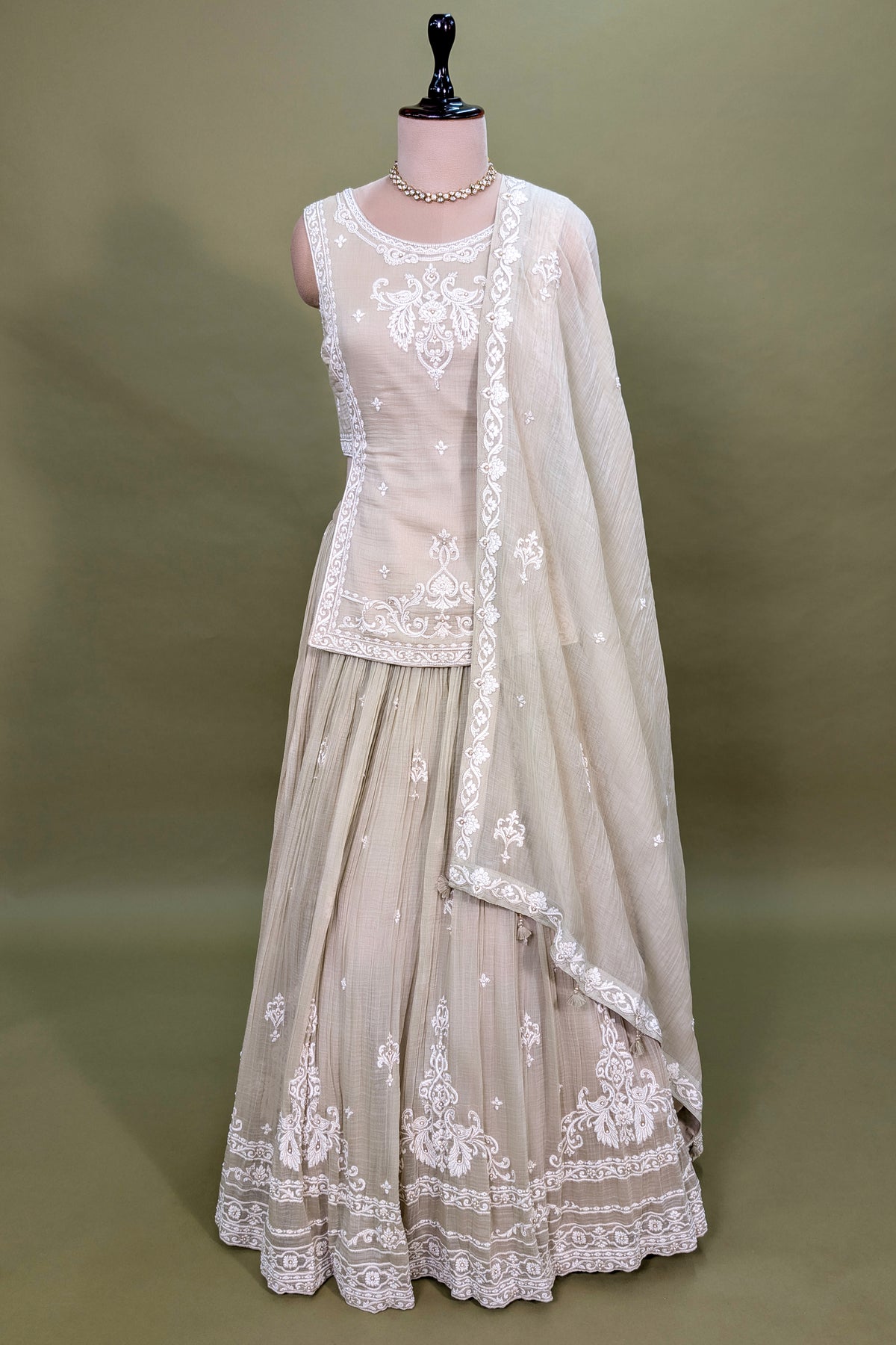 Beige Chiffon Silk Thread Embroidered and Beaded Chaniya Choli