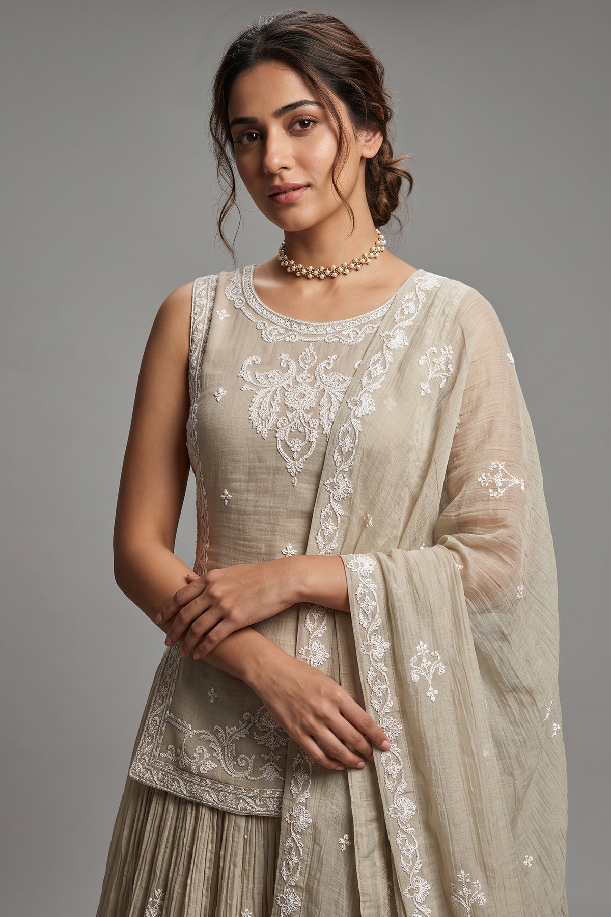 Beige Chiffon Silk Thread Embroidered and Beaded Chaniya Choli