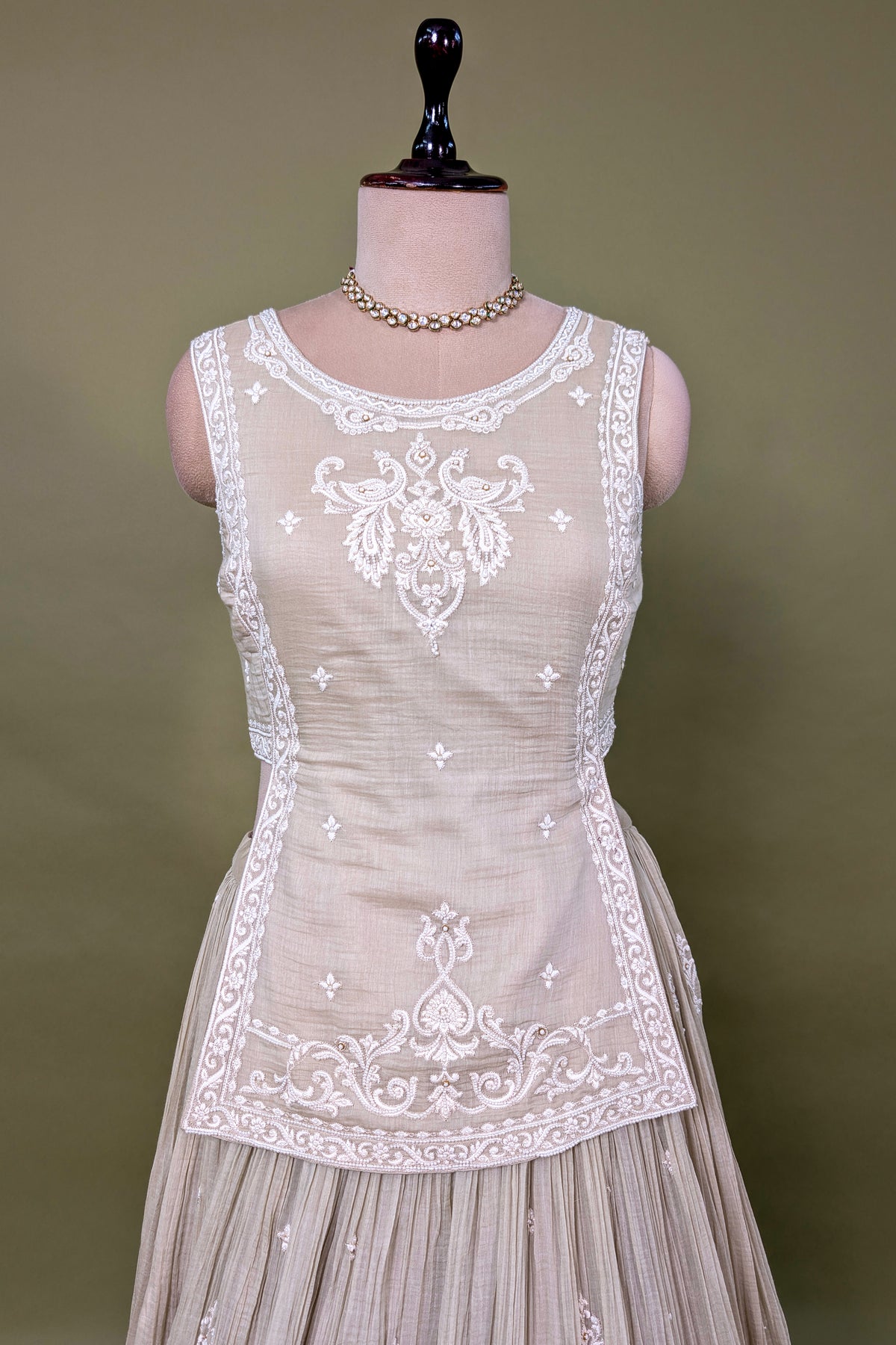 Beige Chiffon Silk Thread Embroidered and Beaded Chaniya Choli