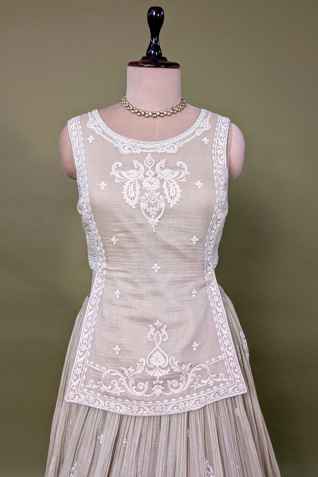 Beige Chiffon Silk Thread Embroidered and Beaded Chaniya Choli