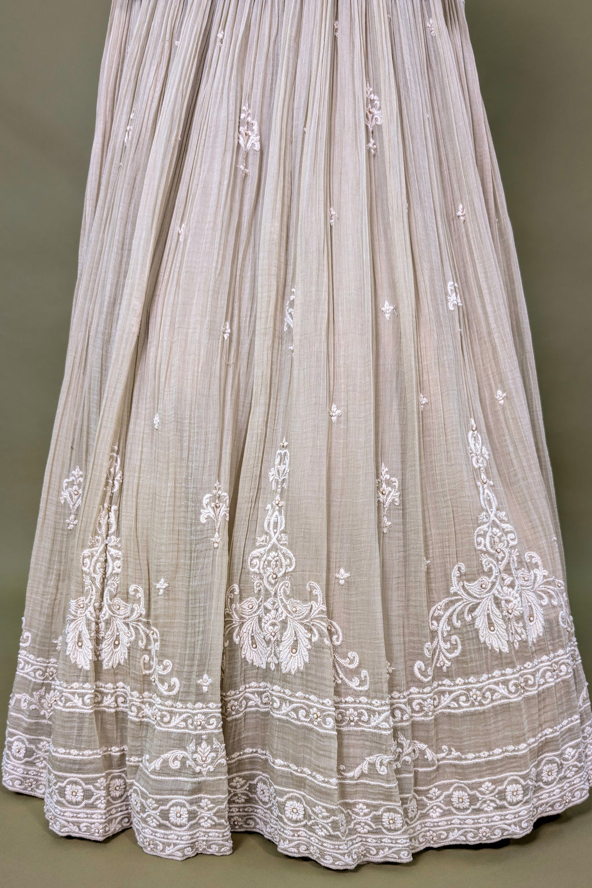 Beige Chiffon Silk Thread Embroidered and Beaded Chaniya Choli