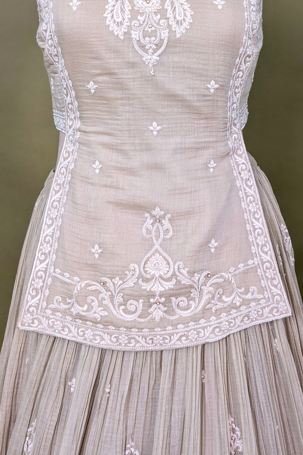 Beige Chiffon Silk Thread Embroidered and Beaded Chaniya Choli