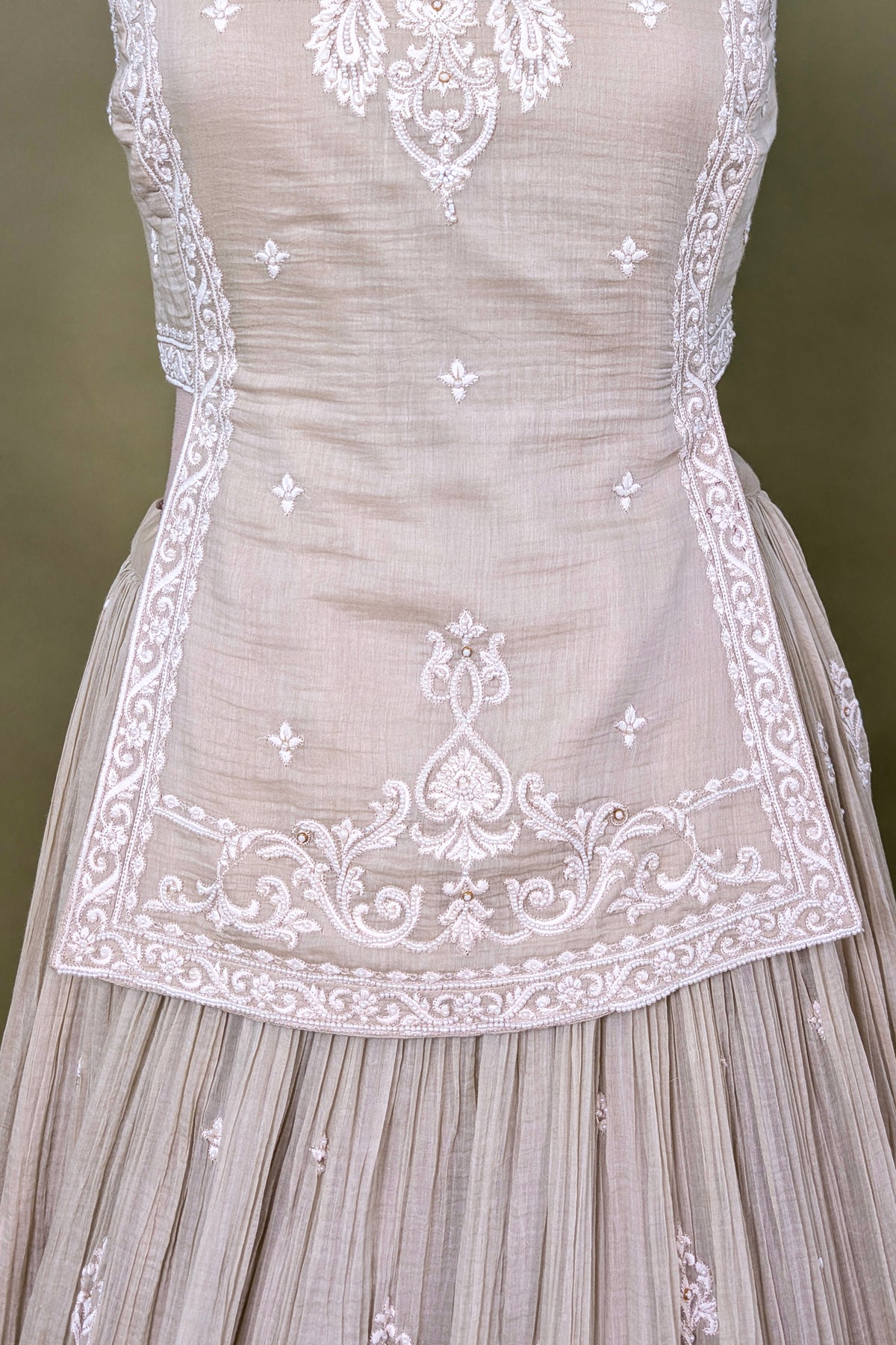 Beige Chiffon Silk Thread Embroidered and Beaded Chaniya Choli