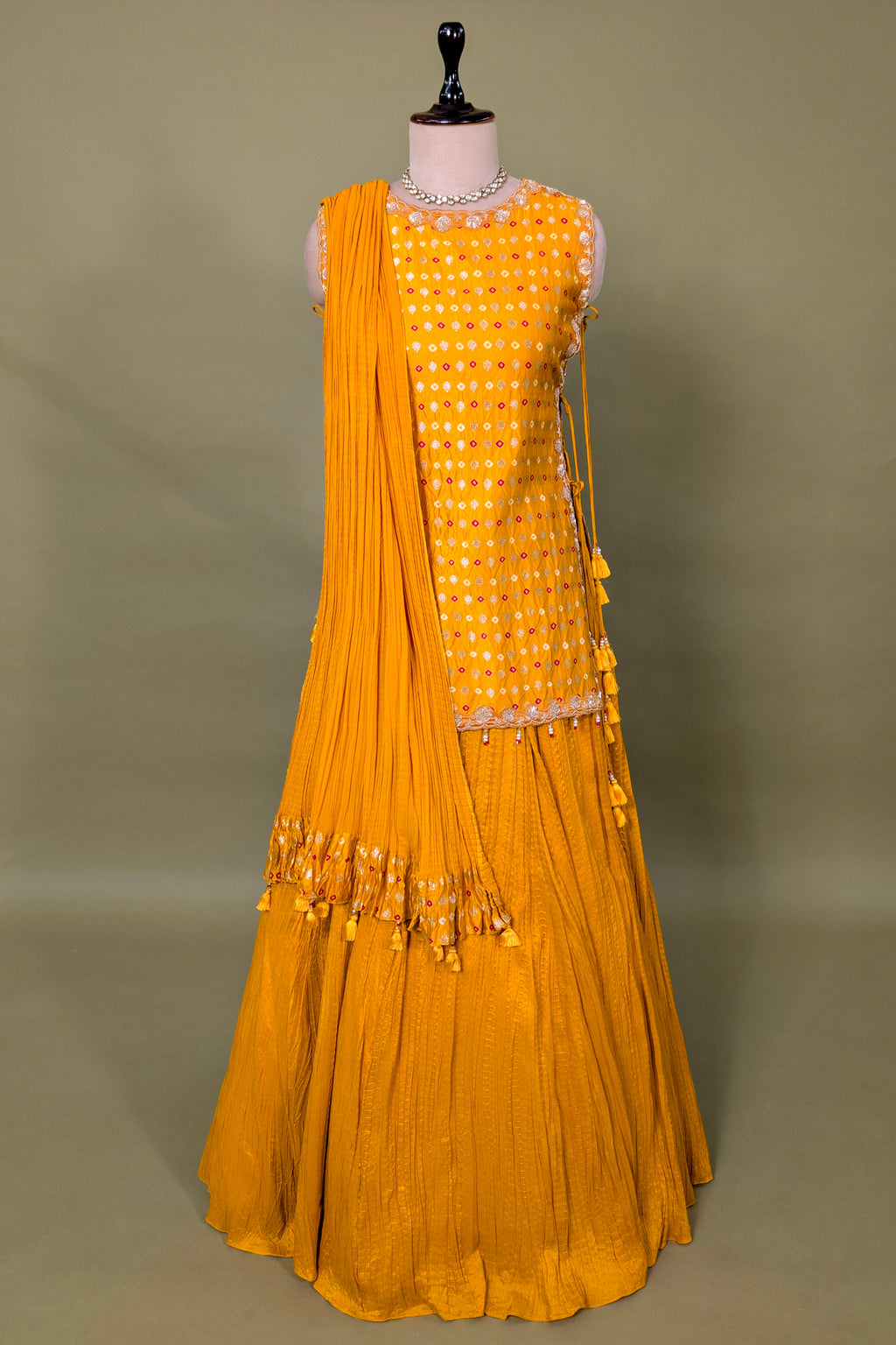Yellow Chiffon Silk Lehenga with Bandhej Long Top