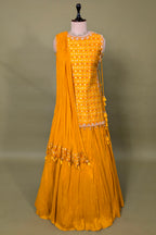 Yellow Chiffon Silk Lehenga with Bandhej Long Top