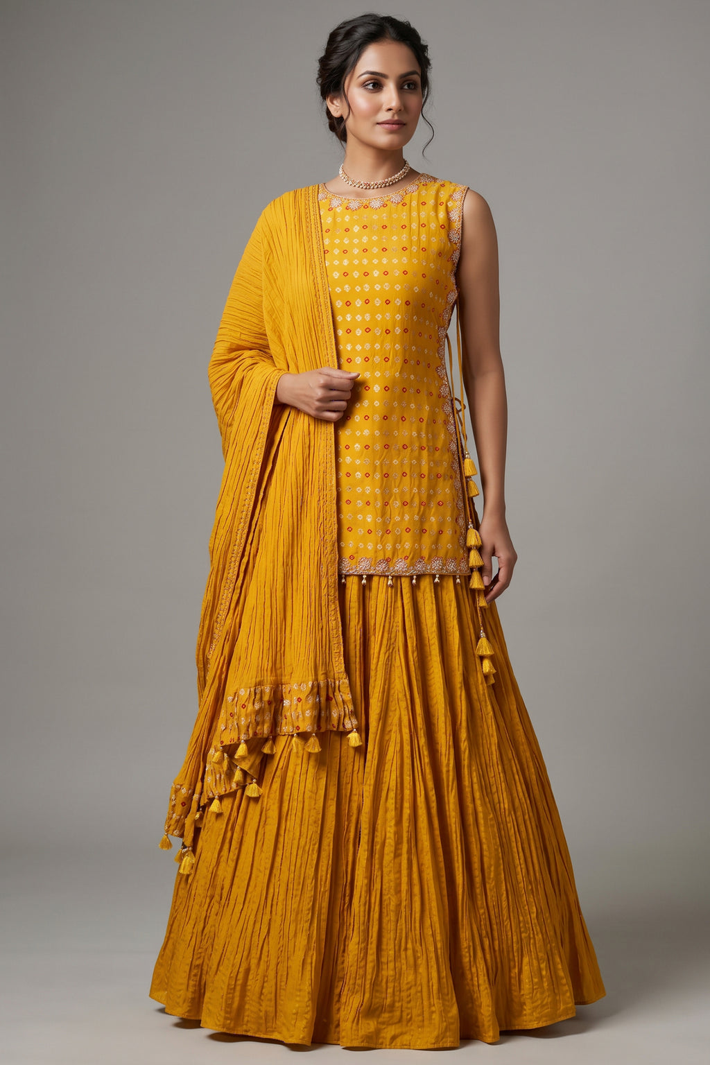 Yellow Chiffon Silk Lehenga with Bandhej Long Top