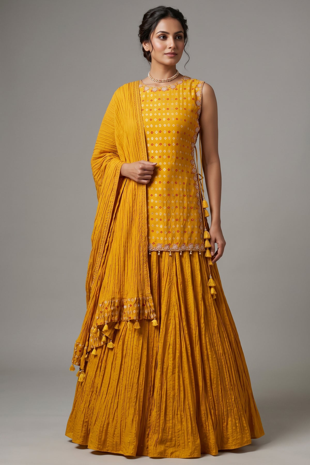 Yellow Chiffon Silk Lehenga with Bandhej Long Top