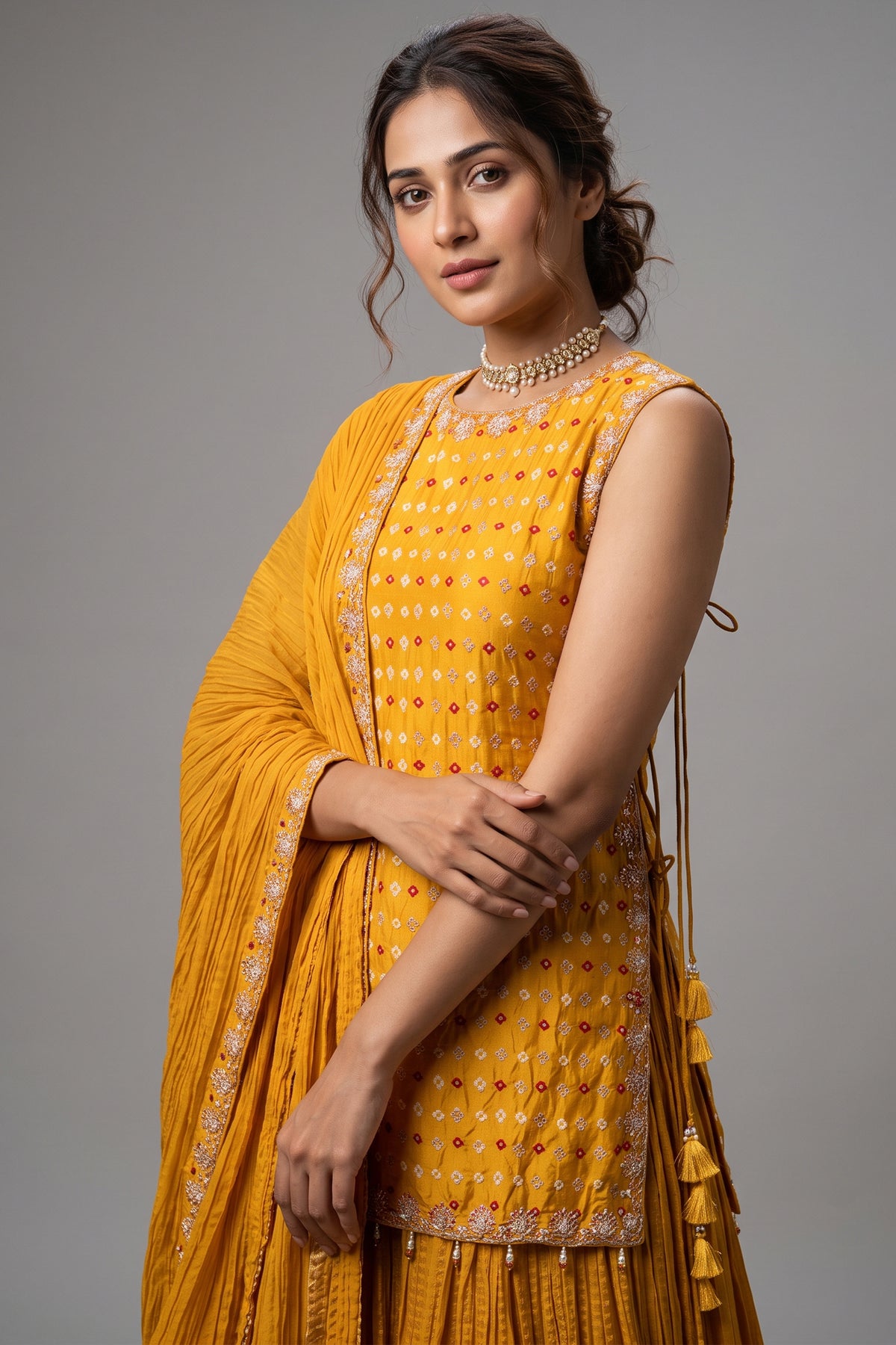 Yellow Chiffon Silk Lehenga with Bandhej Long Top