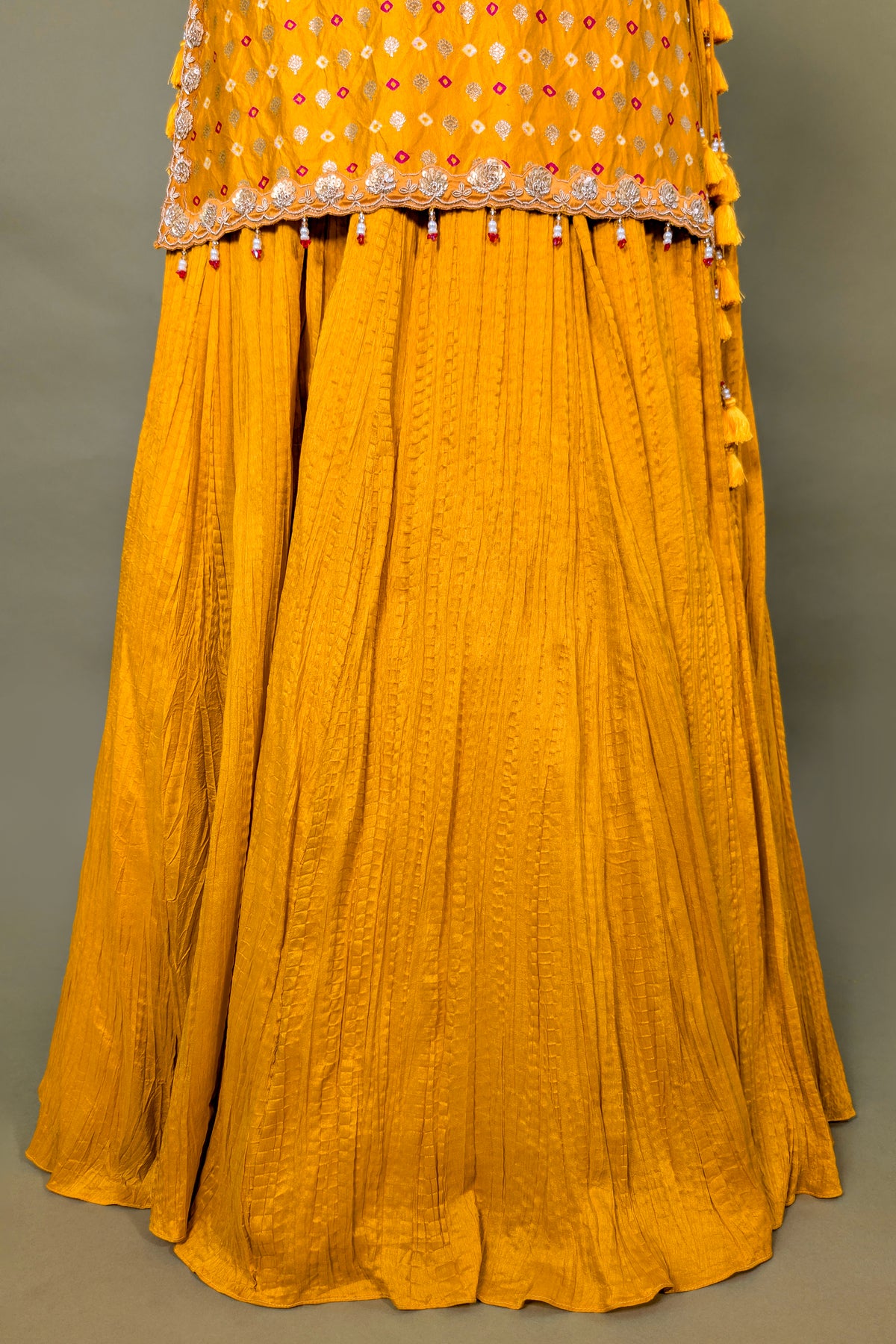 Yellow Chiffon Silk Lehenga with Bandhej Long Top