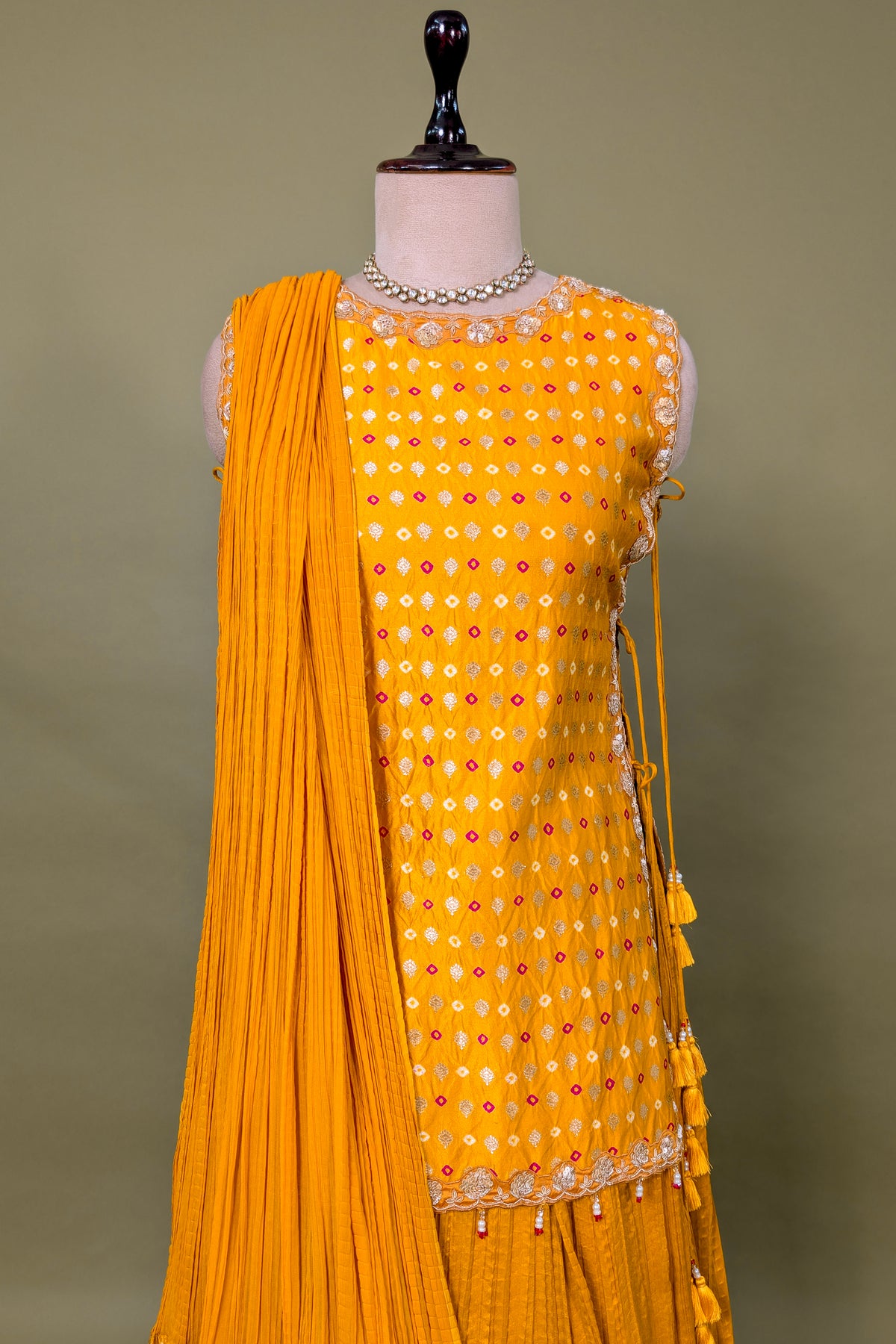 Yellow Chiffon Silk Lehenga with Bandhej Long Top