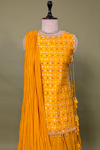 Yellow Chiffon Silk Lehenga with Bandhej Long Top
