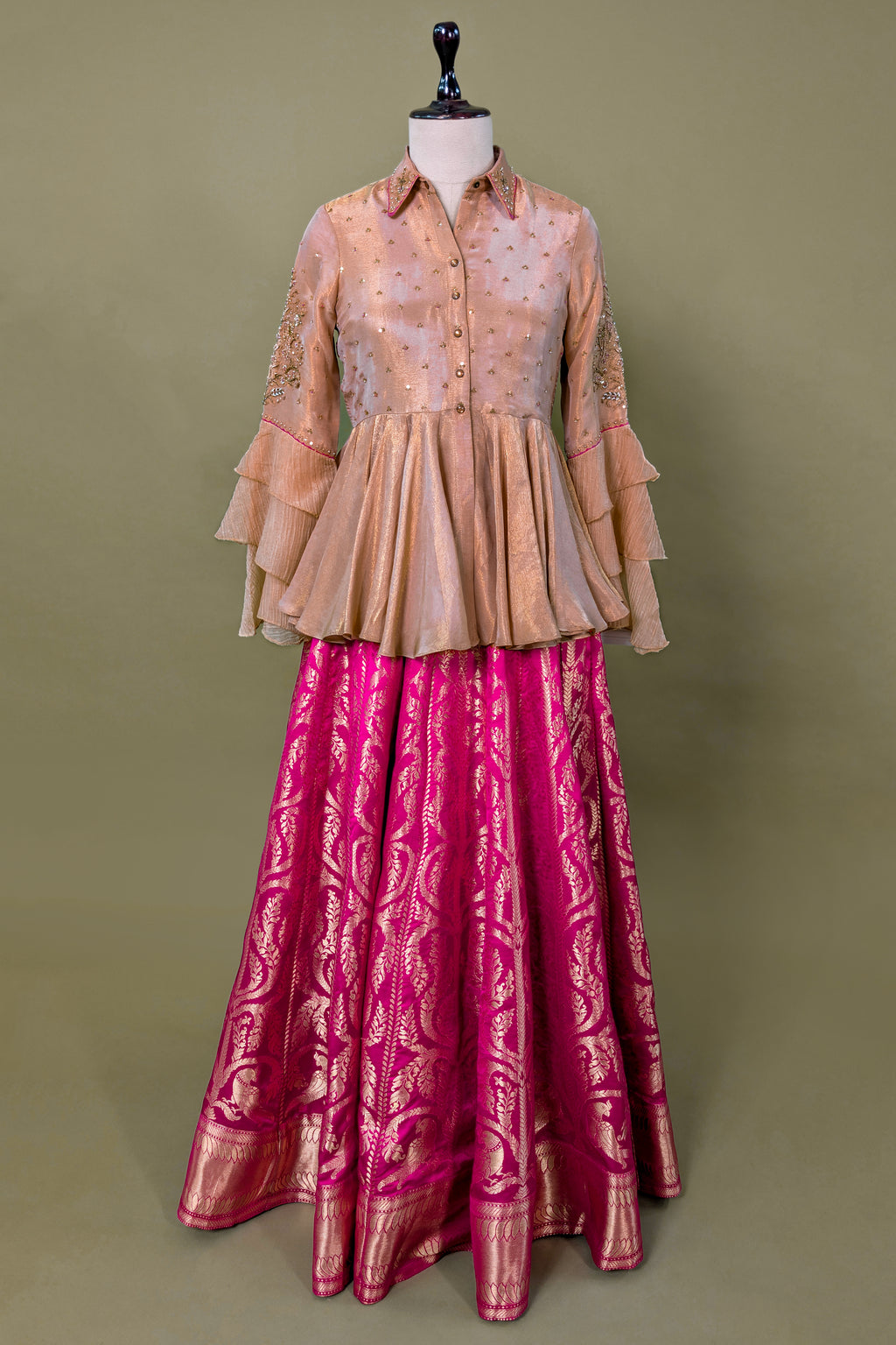 Rani Pink Banarasi Silk Woven Peplum Lehenga Set