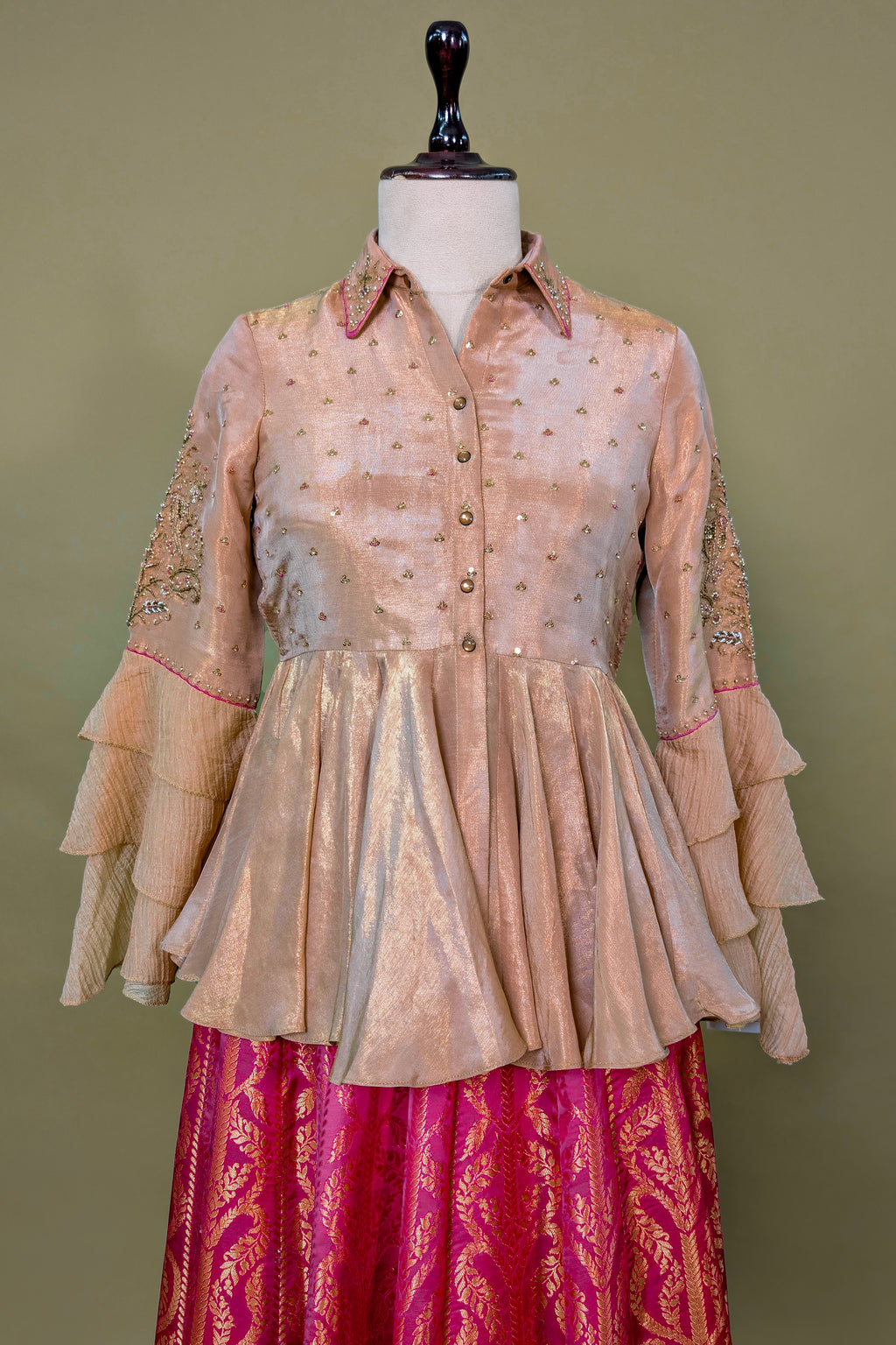Rani Pink Banarasi Silk Woven Peplum Lehenga Set