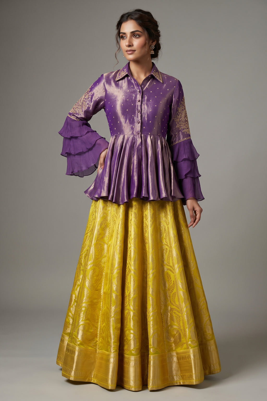 Lemon Yellow Banarasi Silk Woven Peplum Lehenga Set