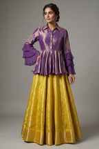 Lemon Yellow Banarasi Silk Woven Peplum Lehenga Set