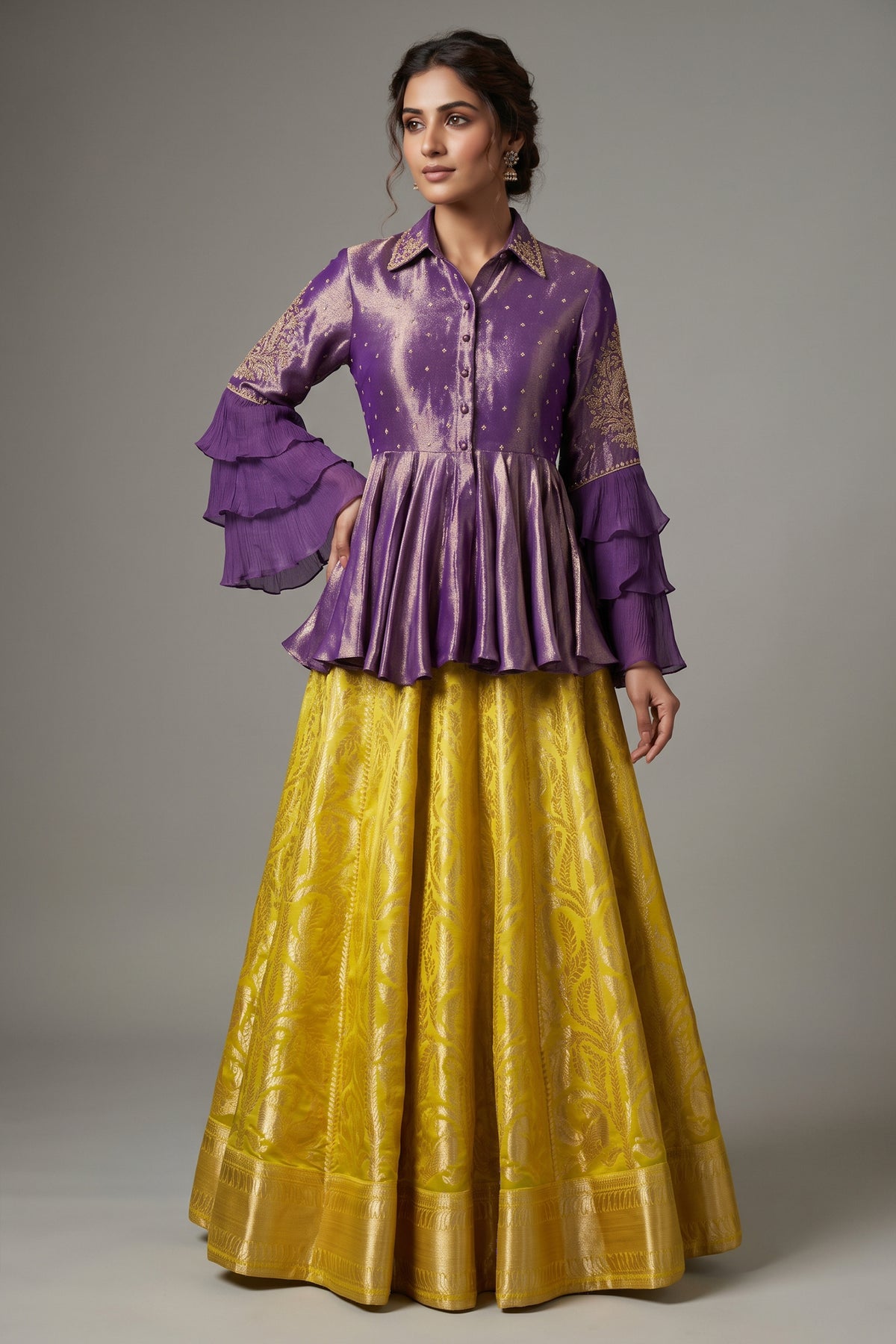 Lemon Yellow Banarasi Silk Woven Peplum Lehenga Set