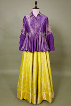 Lemon Yellow Banarasi Silk Woven Peplum Lehenga Set