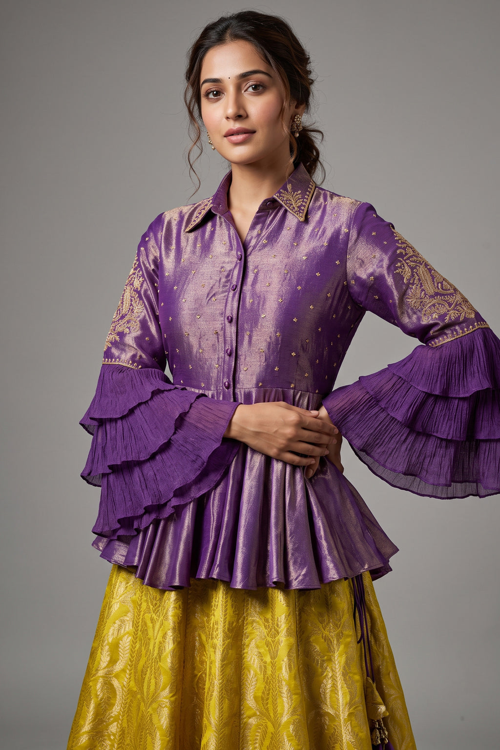 Lemon Yellow Banarasi Silk Woven Peplum Lehenga Set