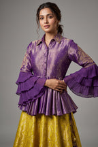 Lemon Yellow Banarasi Silk Woven Peplum Lehenga Set