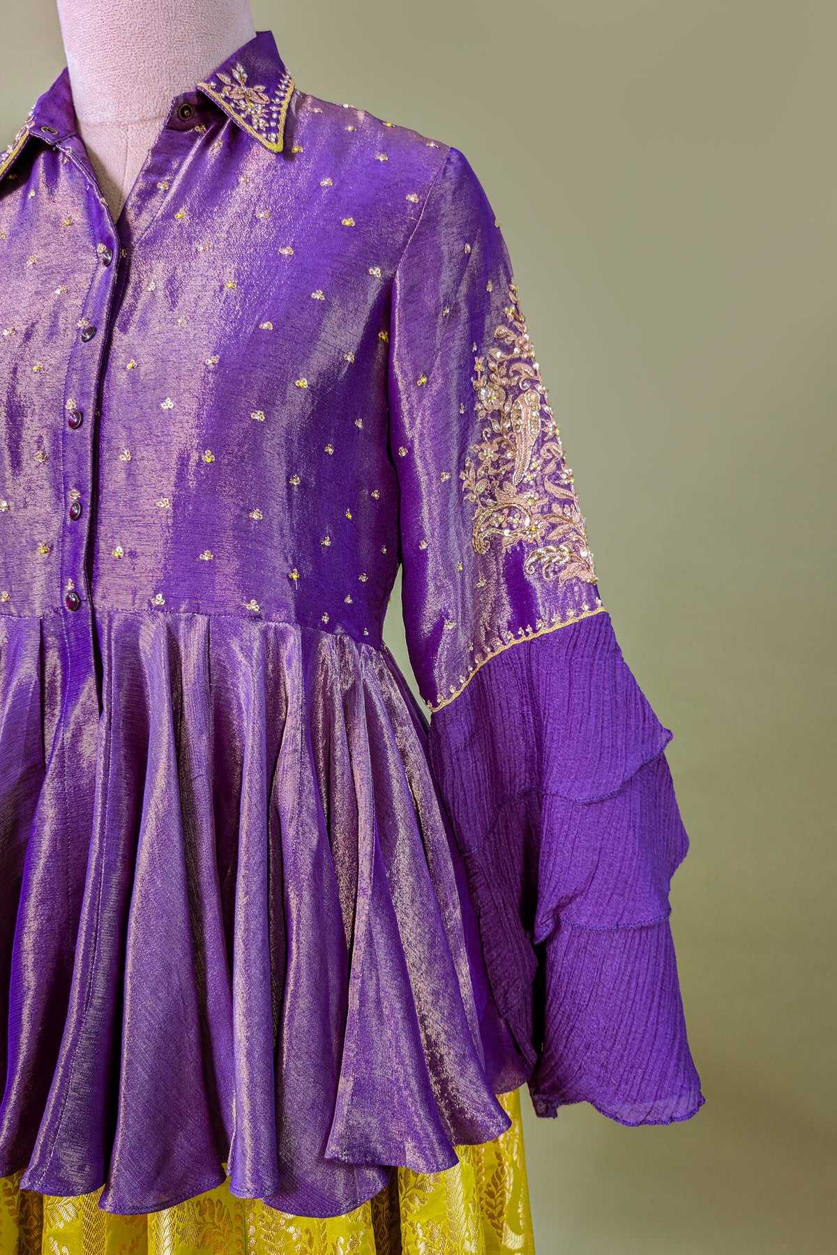 Lemon Yellow Banarasi Silk Woven Peplum Lehenga Set