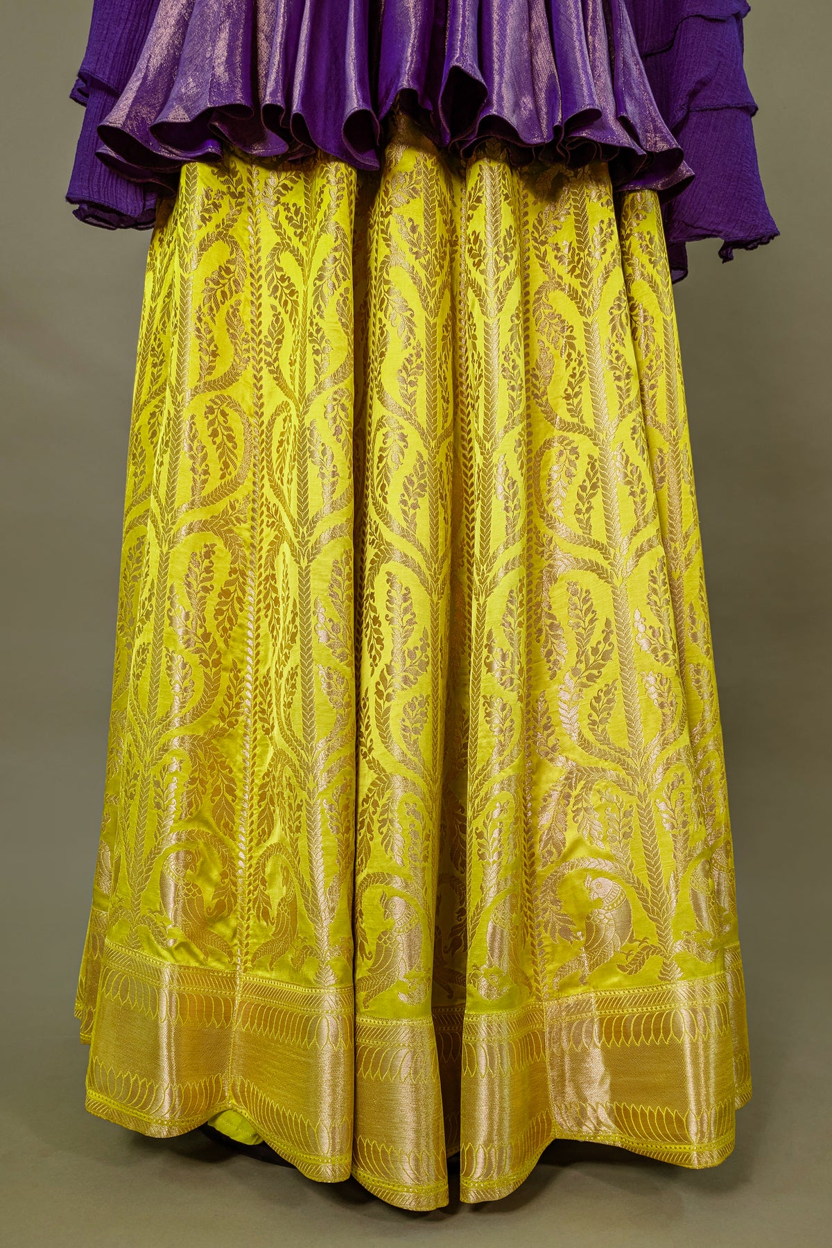 Lemon Yellow Banarasi Silk Woven Peplum Lehenga Set