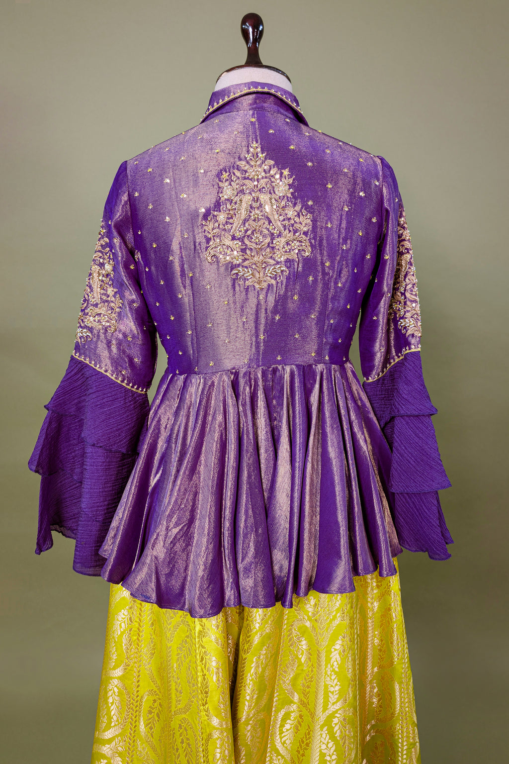 Lemon Yellow Banarasi Silk Woven Peplum Lehenga Set
