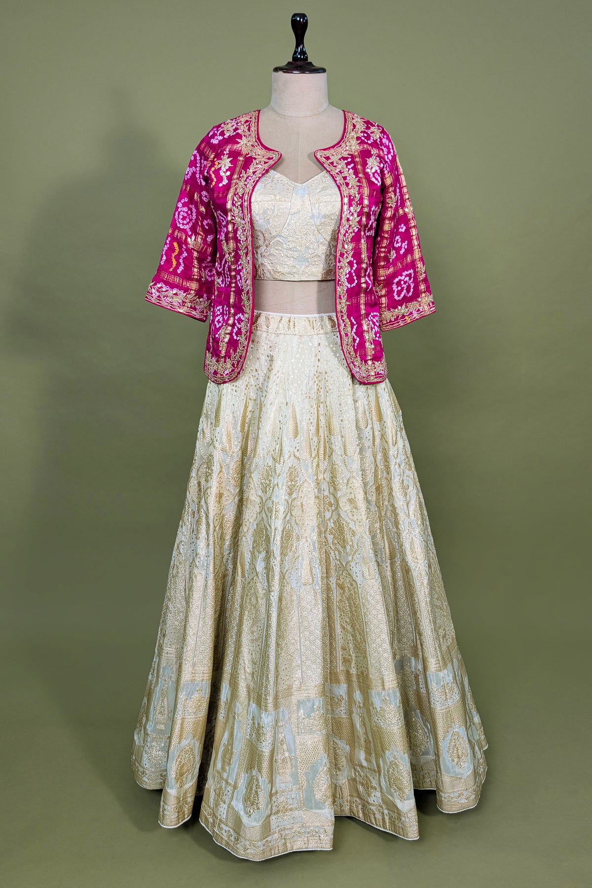 Beige Tissue Woven Crop Top Lehenga with Bandhej Jacket