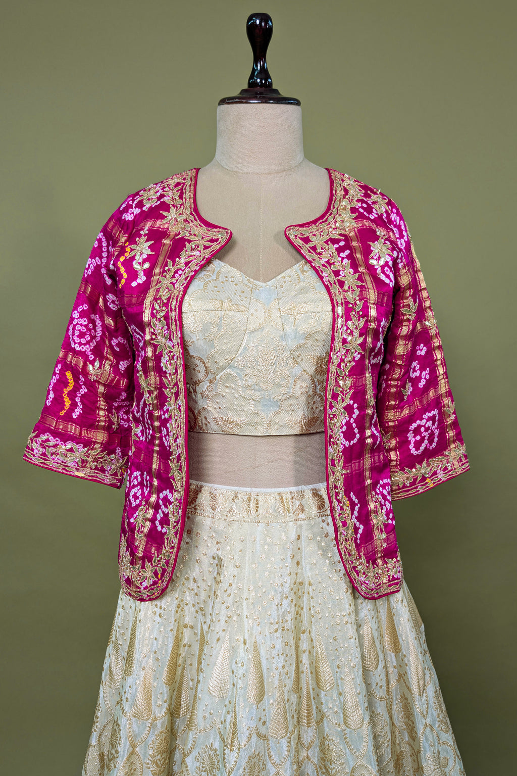 Beige Tissue Woven Crop Top Lehenga with Bandhej Jacket