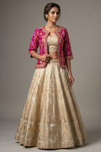 Beige Tissue Woven Crop Top Lehenga with Bandhej Jacket