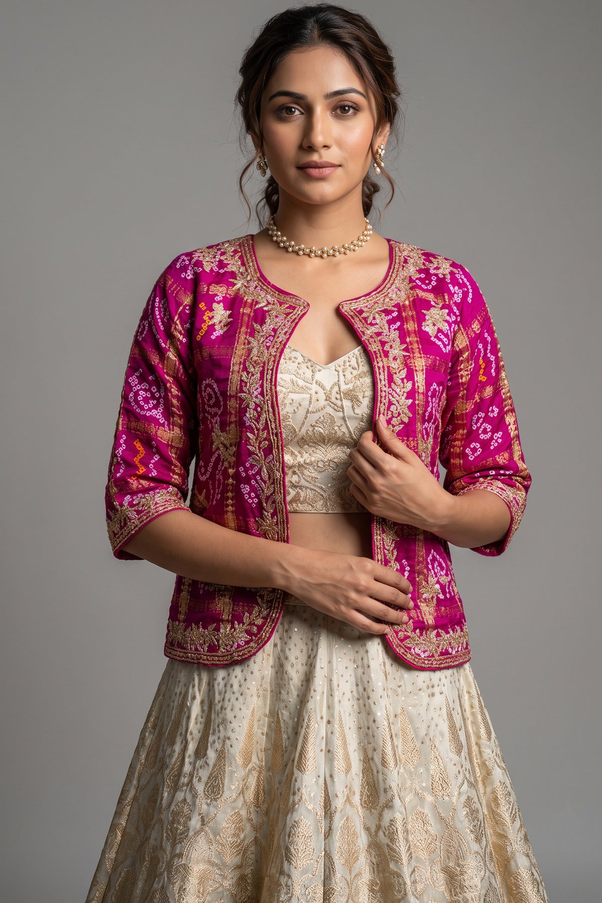 Beige Tissue Woven Crop Top Lehenga with Bandhej Jacket