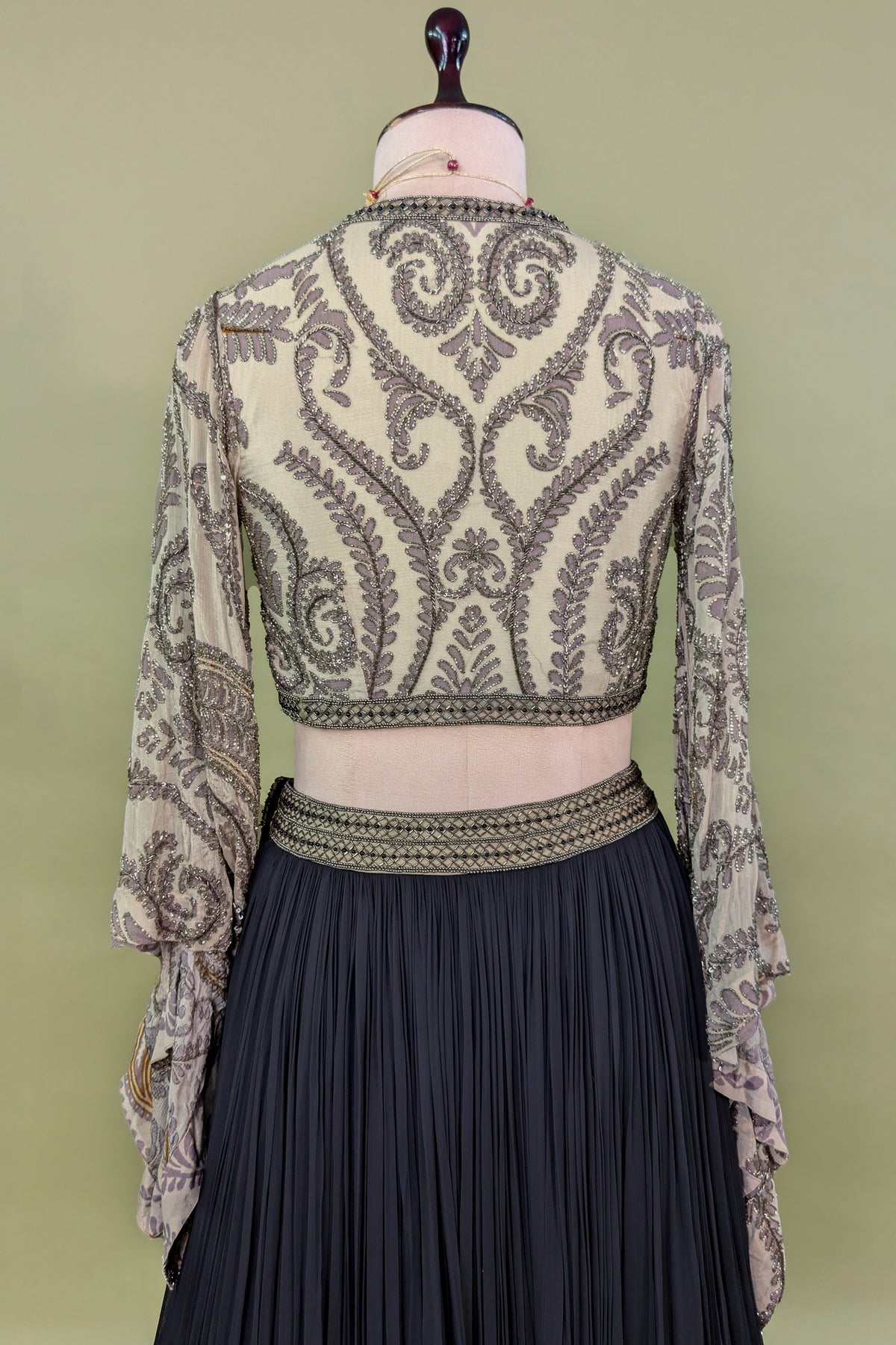 Black Georgette Pleated Flared Lehenga with Cutdana Sequin Worked Crop Top