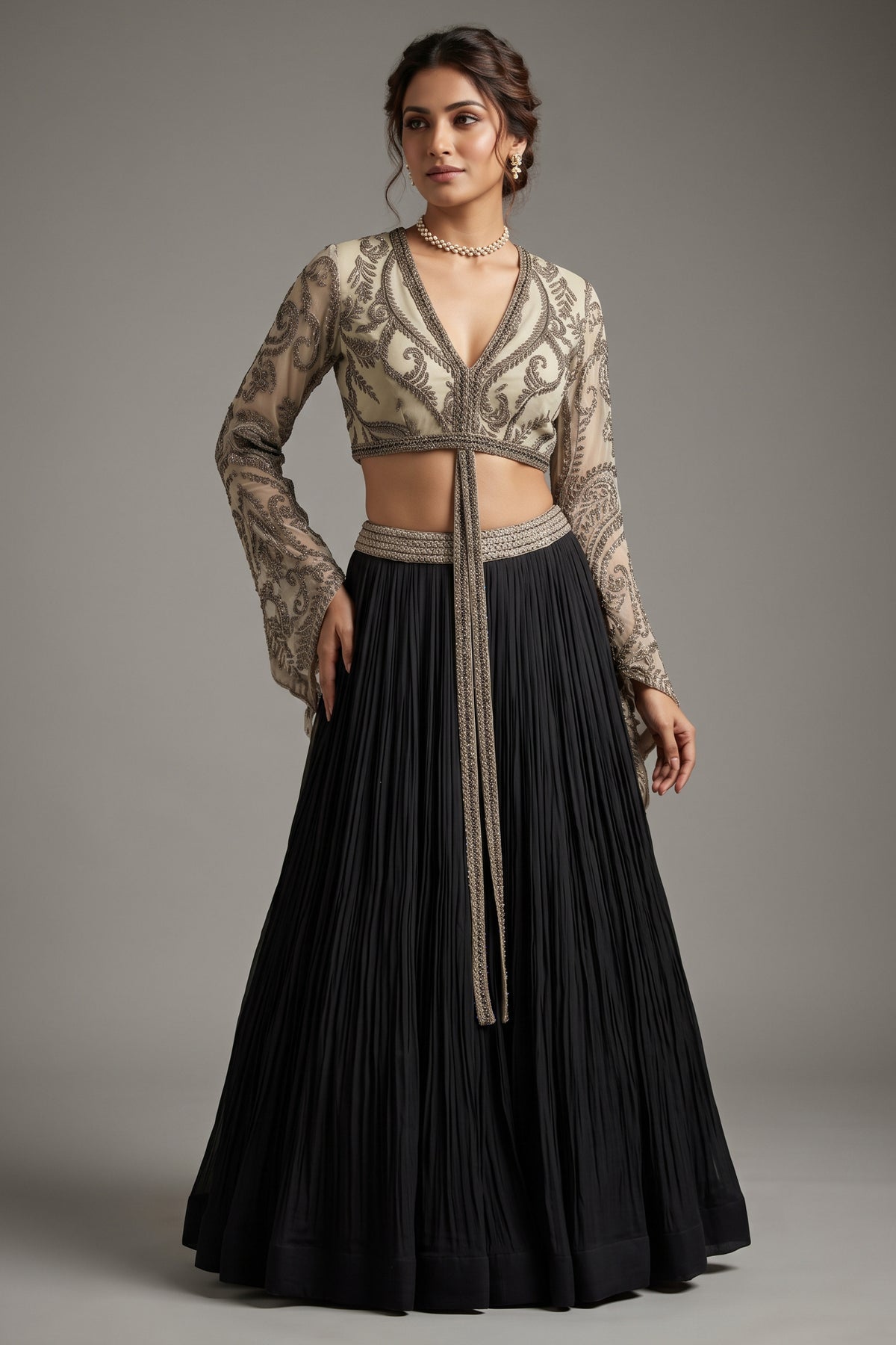 Black Georgette Pleated Flared Lehenga with Cutdana Sequin Worked Crop Top
