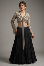 Black Georgette Pleated Flared Lehenga with Cutdana Sequin Worked Crop Top