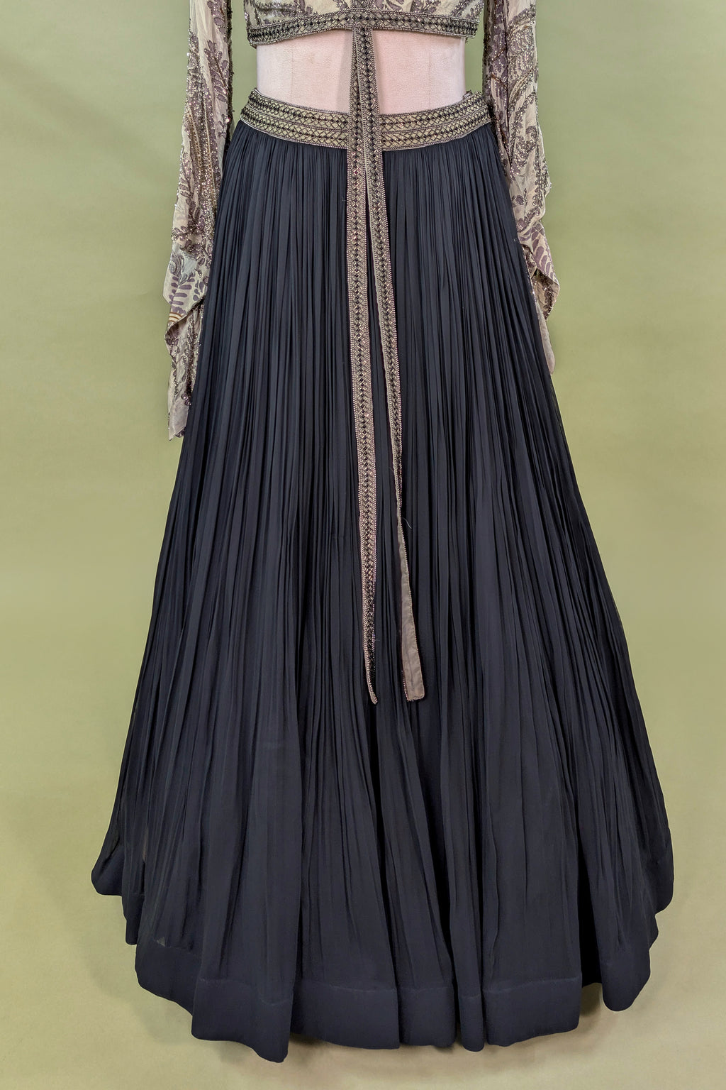 Black Georgette Pleated Flared Lehenga with Cutdana Sequin Worked Crop Top