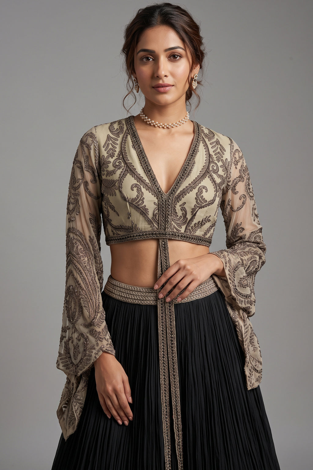 Black Georgette Pleated Flared Lehenga with Cutdana Sequin Worked Crop Top