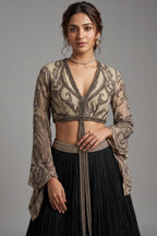 Black Georgette Pleated Flared Lehenga with Cutdana Sequin Worked Crop Top