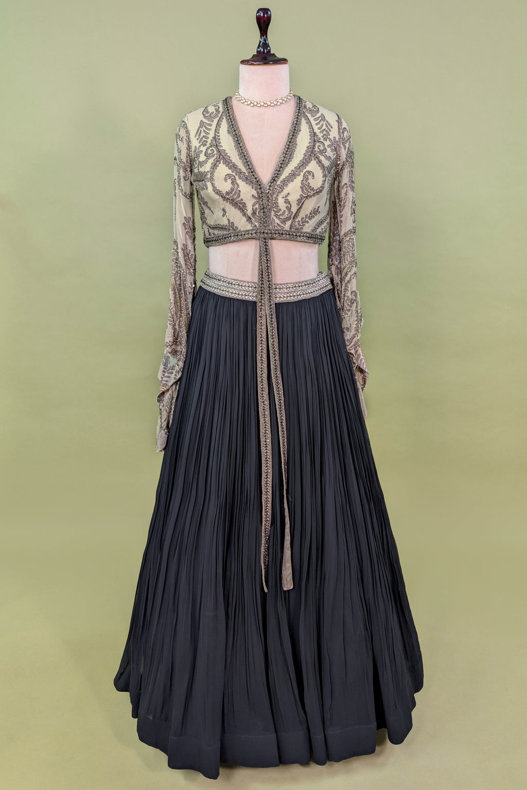 Black Georgette Pleated Flared Lehenga with Cutdana Sequin Worked Crop Top