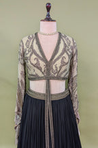 Black Georgette Pleated Flared Lehenga with Cutdana Sequin Worked Crop Top