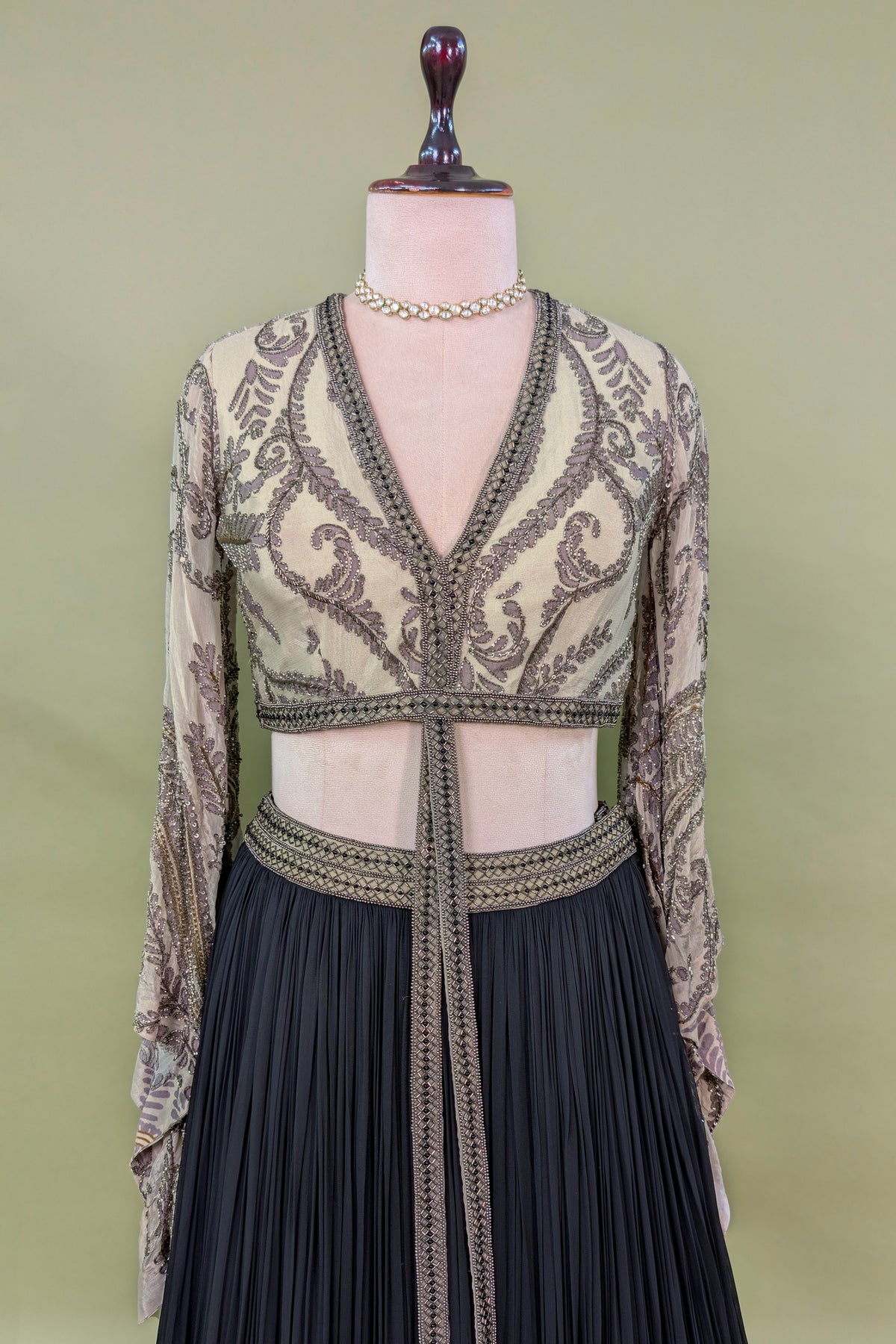 Black Georgette Pleated Flared Lehenga with Cutdana Sequin Worked Crop Top