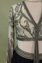 Black Georgette Pleated Flared Lehenga with Cutdana Sequin Worked Crop Top