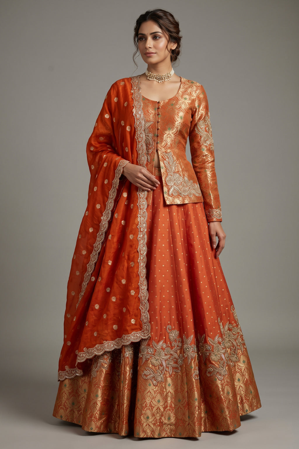 Orange Banarasi Silk Woven Lehenga with Long Blouse