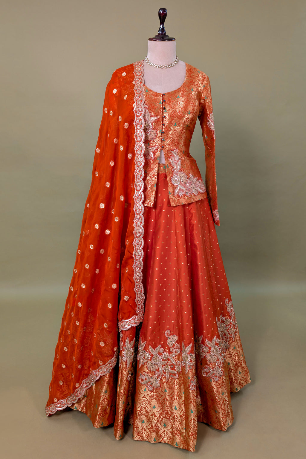 Orange Banarasi Silk Woven Lehenga with Long Blouse