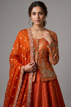 Orange Banarasi Silk Woven Lehenga with Long Blouse