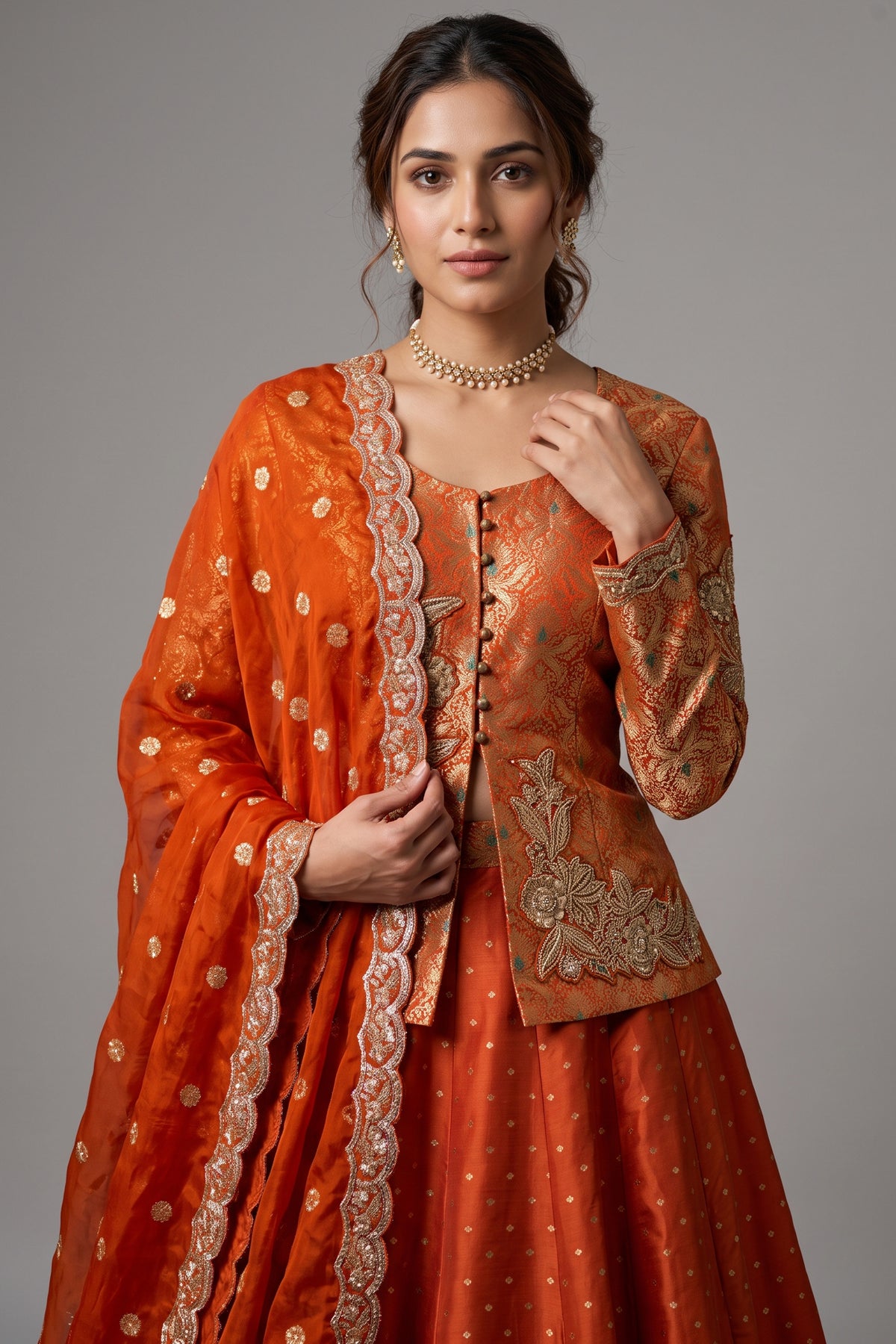 Orange Banarasi Silk Woven Lehenga with Long Blouse