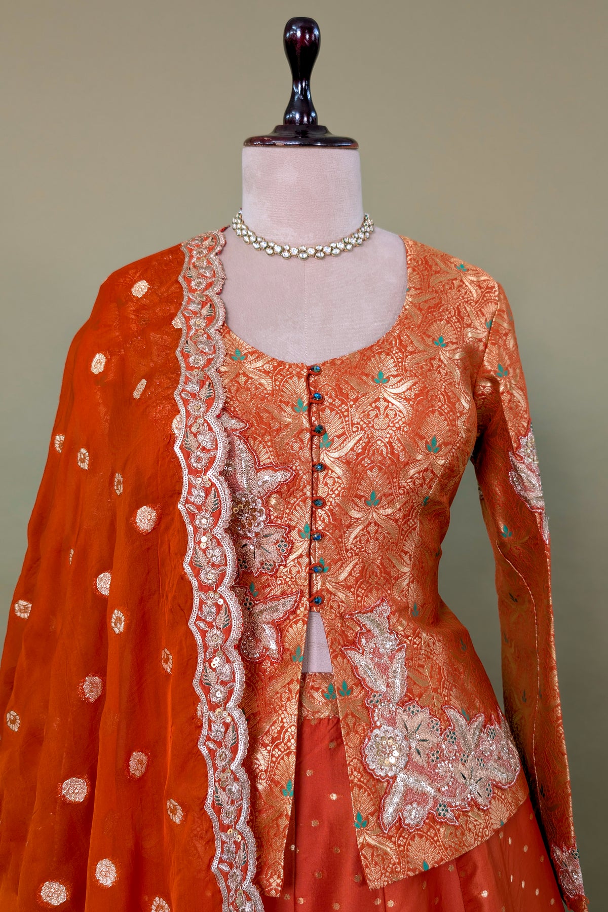 Orange Banarasi Silk Woven Lehenga with Long Blouse