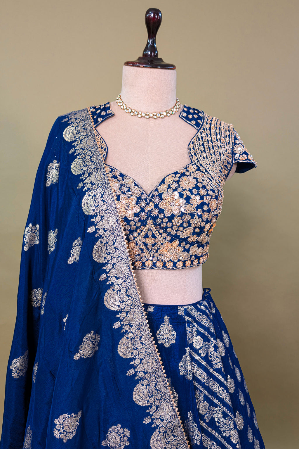 Blue Chinon Woven Lehenga