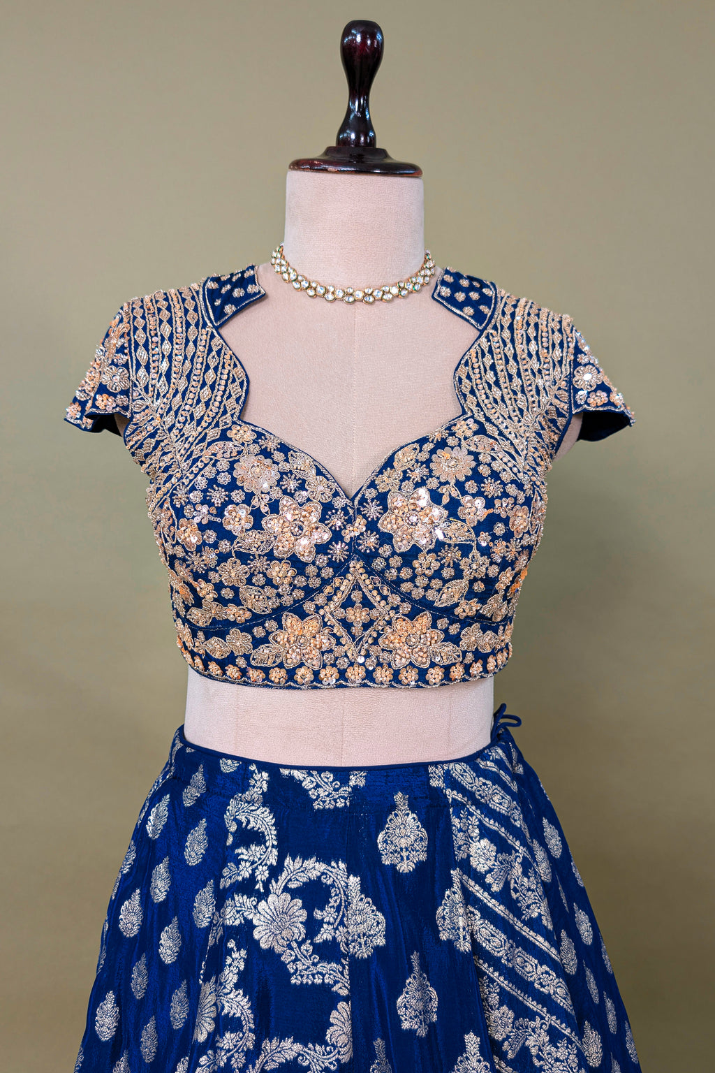 Blue Chinon Woven Lehenga