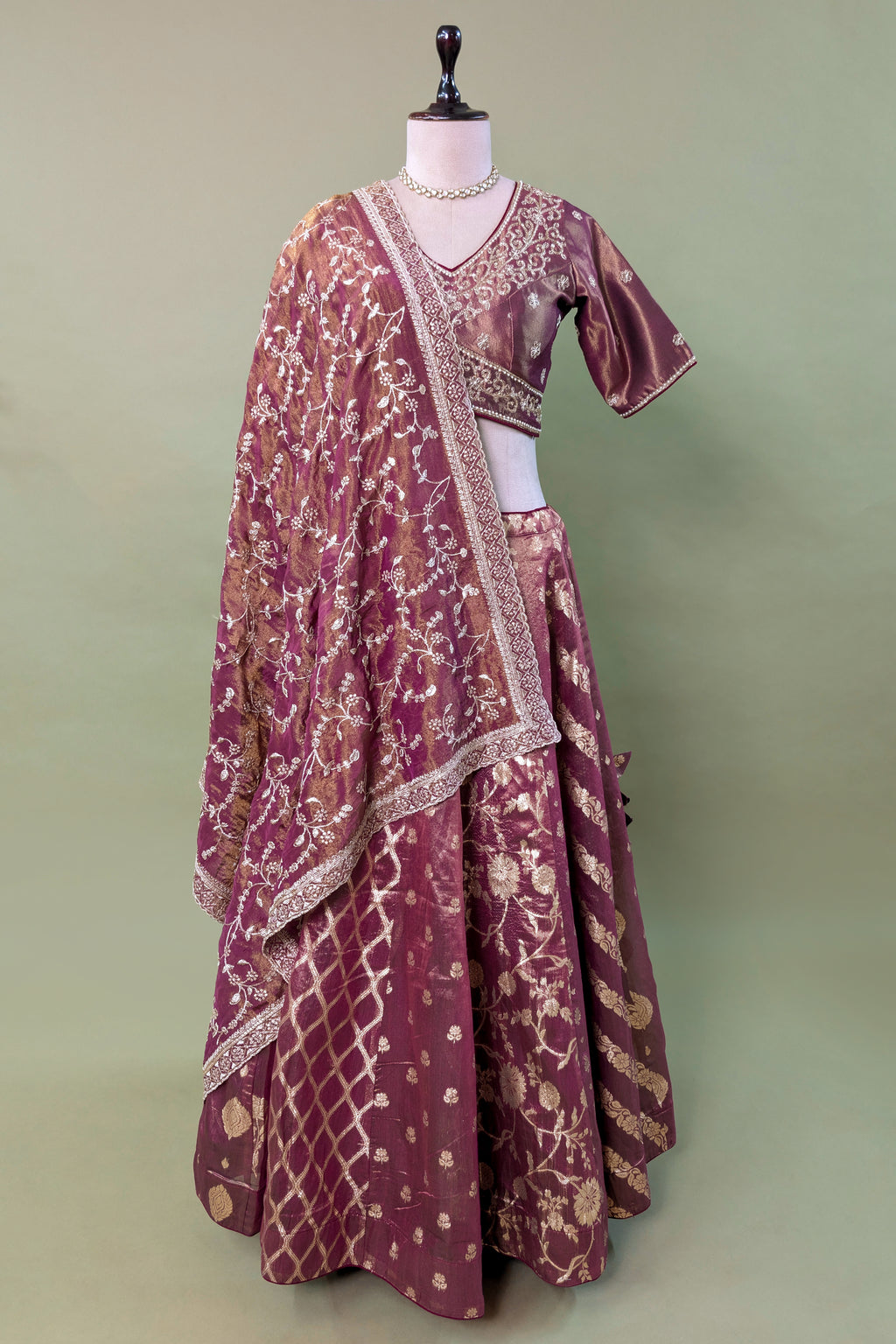 Magenta Tissue Woven Lehenga with Beads and Sequin Work